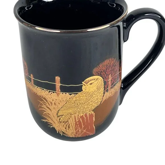 2 Otagiri Owl Mugs Black Gold Japan Vintage Set Coffee Cup Metallic Gold Trim - Picture 3 of 12